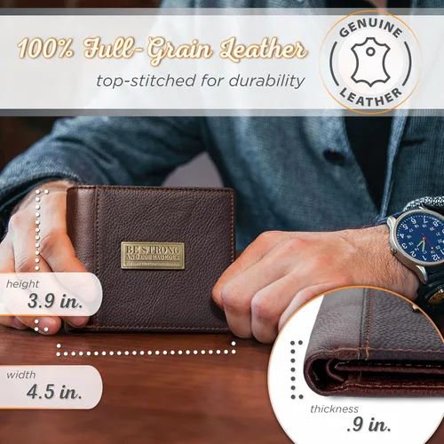 Vista 3 de Christian Art Gifts Cartera de cuero genuino para hombre Fuerte y valiente con incrustaciones de latón " Deuteronomio 316 versículo de la Biblia