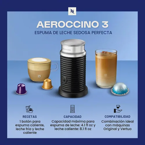 Vista 2 de Nespresso Aeroccino 3 Espumador de Leche, Negro, Acero
