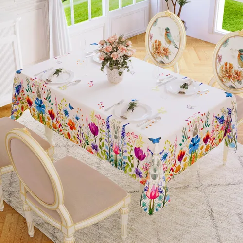 Vista 2 de Softalker Mantel rectangular de primavera – Mantel decorativo impermeable con patrón floral de Pascua, resistente a las manchas, sin arrugas