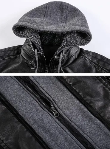 Vista 4 de MANSDOUR Chaqueta de piel sintética para hombre, color negro cálido, chaqueta bomber para motocicleta con capucha extraíble