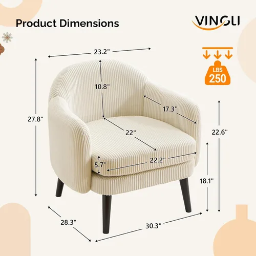 Vista 2 de VINGLI Sillón de Acento Moderno Tipo Barril de 30.3" de Ancho con Reposabrazos Track, Patas de Madera Sólida, Cómoda Silla Club Tapizada, Sofá