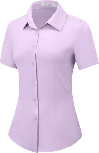 Vista 9 de Camisas con botones para mujer, de manga corta, elásticas, sin arrugas, para negocios, casual, oficina, blusa de trabajo
