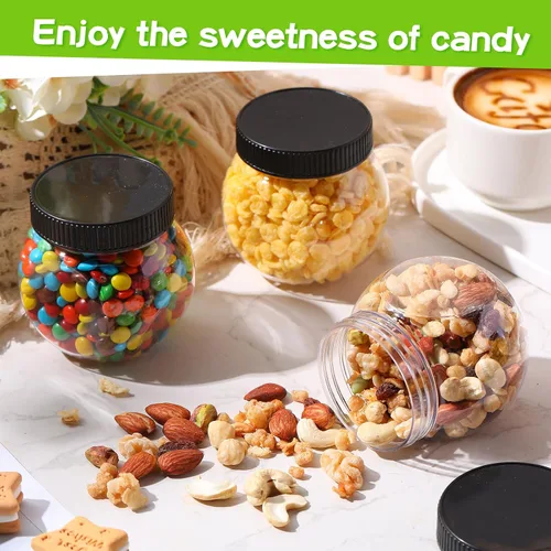 Vista 5 de Tradder 24 tarros de plástico para dulces con tapas de 8.5 onzas de boca ancha, recipientes para dulces a granel para galletas, bufé, café, fiesta
