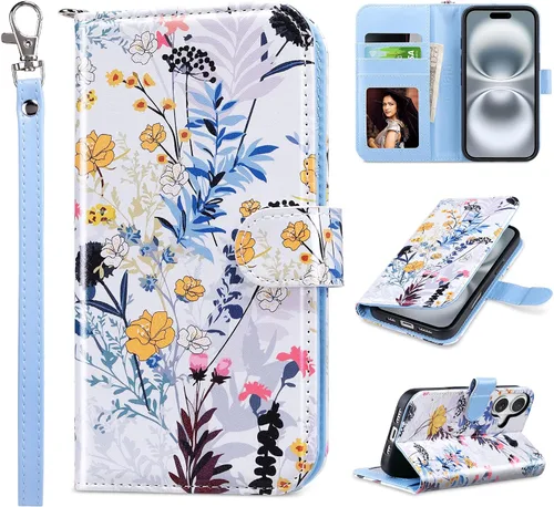 Vista 18 de ULAK Funda tipo billetera compatible con iPhone 15 para mujeres, funda tipo cartera con estampado floral de piel PU premium con porta tarjetas