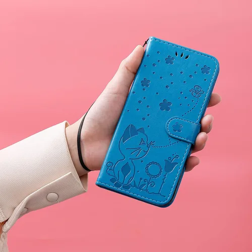 Vista 6 de Funda para Honor X7, diseño de estampado de gato y abejas de cuero de primera calidad, con función atril y cierre magnético
