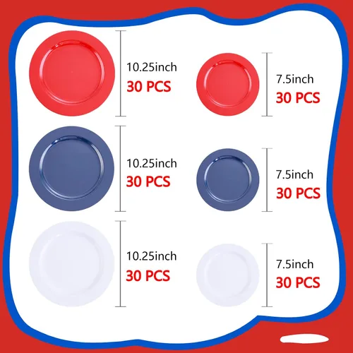 Vista 2 de FLOWERCAT 180 platos del 4 de julio para el Día de la Independencia – Las decoraciones incluyen 60 platos azules, 60 platos blancos y 60 platos rojos