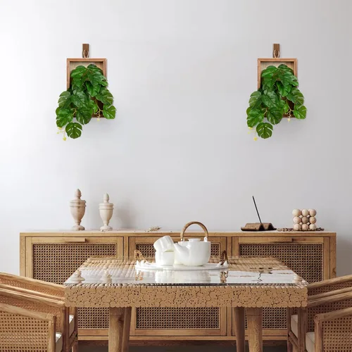 Vista 7 de Plantas colgantes artificiales con marco de madera, paquete de 2 hojas de Monstera