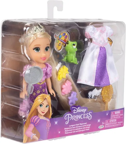 Vista 8 de Disney Princess Rapunzel Doll Muñeca Rapunzel de pelo largo Petite con Pascal, en moda de vestir púrpura y blanco
