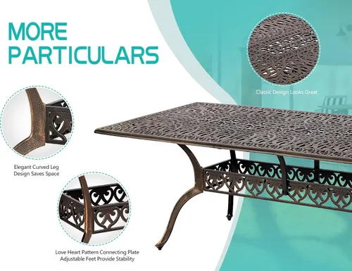 Vista 5 de TITIMO Mesa de comedor de 87 pulgadas, mesa de comedor rectangular de aluminio fundido para exteriores, mesa resistente a la intemperie con agujero