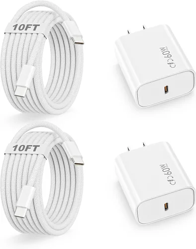 Vista 12 de Cargador de carga rápida para iPhone 17, 16, 15, paquete de 2 cables de carga rápida USB C a C de 10 pies, cable de carga rápida de 20 W, bloque