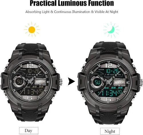 Vista 4 de RORIOS Reloj de cuarzo digital para hombre, reloj de pulsera con temporizador de alarma
