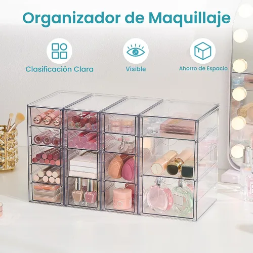 Vista 5 de Vtopmart Juego de 4 organizadores de escritorio transparentes, organizador de bolígrafos con 16 cajones, organización de escritorio de acrílico