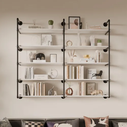 Vista 23 de Estante industrial de tubo de hierro de 5 niveles, estantería de tubo de 48 pulgadas con tablón de madera maciza, estantes abiertos para libros