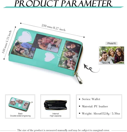 Vista 3 de Gemszoo Cartera de fotos personalizada para mujer, con nombre grabado y nombre, larga para tarjetas de crédito, con cremallera alrededor