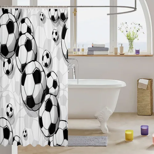 Vista 3 de Cortina de baño de fútbol para niños, juegos de cortina de ducha de juegos deportivos para niños, niñas, adolescentes, fútbol dibujado a mano, juego