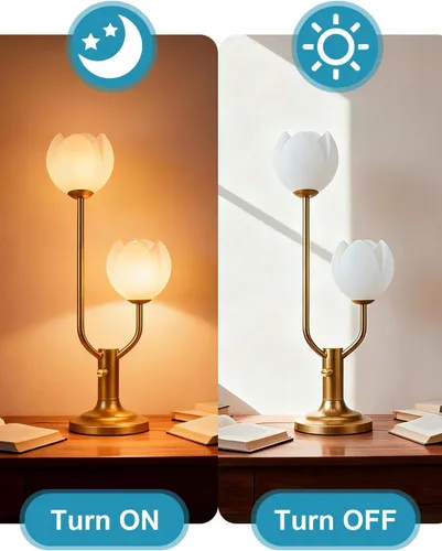 Vista 6 de Lightdot Lámpara de Mesa de Flores Doradas para Dormitorio, 2 Cabezas Florales 3000K Luz Blanca Cálida Regulable Lámparas de Mesita de Noche