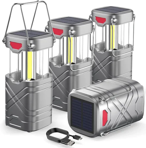 Vista 8 de LETMY Paquete de 4 linternas de campamento, linternas LED recargables, faroles solares con batería para huracanes con 3 vías de alimentación y cable