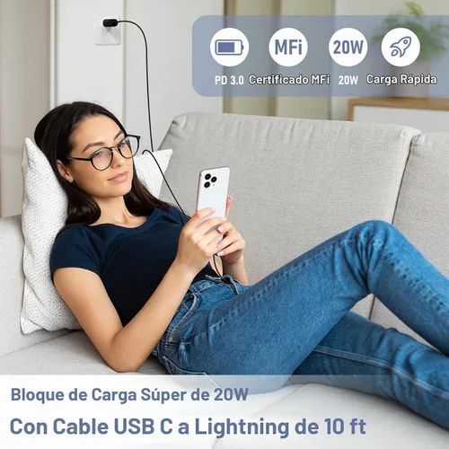 Vista 7 de Essri Cargador Rápido para iPhone 14 13 12 Carga Rápida, Paquete de 2 de 6FT+10FT Cable USB C a Lightning con 20W USB C para Bloque Cargador iPhone