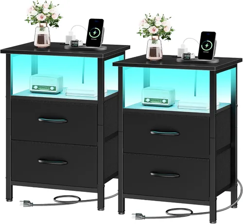 Vista 10 de Vagusicc Nightstand with Charging Station, End Table Bedside Table with 2 Fabric Drawers, Black Night Stand with USB Ports & Outlets, 24.2" Tall Bed