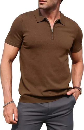 Vista 18 de RQP Camisas polo con cremallera para hombre, camisas casuales de punto de manga corta/larga, camisas de golf elásticas ajustadas, suéter suave