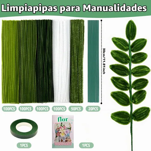 Vista 2 de Kit de flores de limpiapipas verdes, 450 piezas de tallos