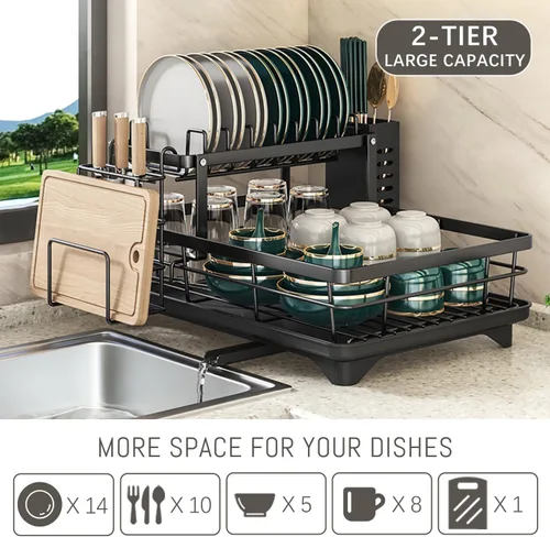Vista 11 de Vergissm Escurridor de platos, escurridor de platos de drenaje automático para encimera de cocina, estante desmontable de gran capacidad