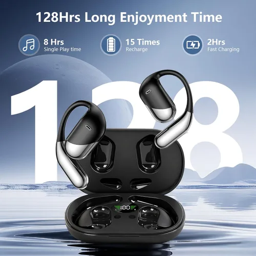 Vista 2 de Auriculares inalámbricos de oreja abierta, auriculares Bluetooth 5.4, micrófono incorporado, IPX7 resistente al agua, estuche de carga con pantalla