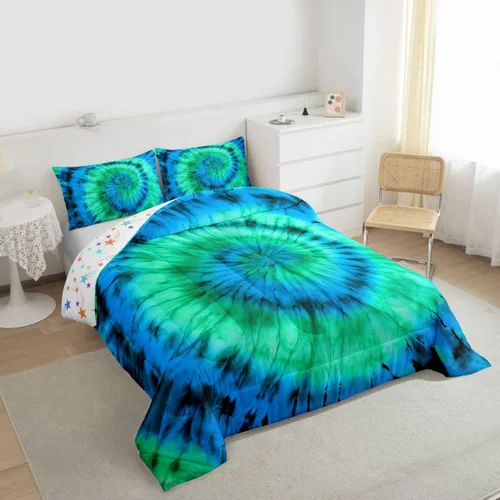 Vista 6 de Erosebridal Colorido juego de ropa de cama con diseño psicodélico en espiral psicodélico, juego de edredón de teñido anudado degradado para niños