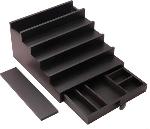 Vista 6 de 5 Tier Men's Cologne Organizer, Black Wood Display Stand Holder with Drawer Negro-5 niveles