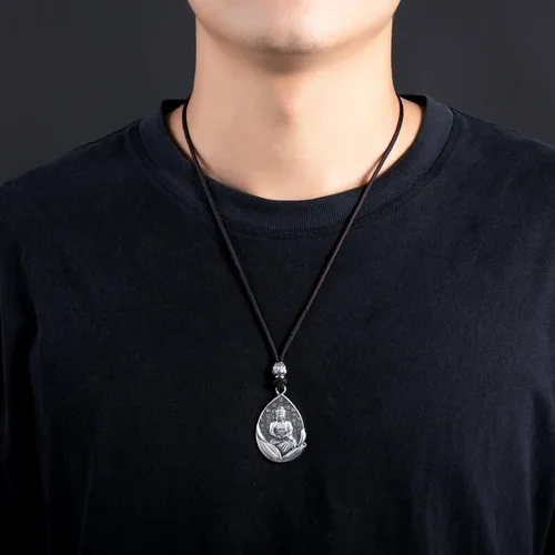 Vista 5 de AnuClub Collar con colgante de escultura de Buda Guanyin de plata de ley S999, amuleto de la suerte, joyería de San Patrono del zodiaco chino