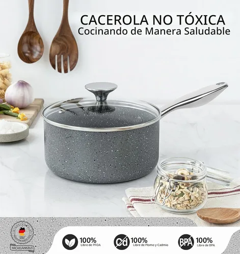 Vista 3 de MICHELANGELO Cacerola con tapa, cacerola de 1 cuarto de galón con tapa de granito, cacerola antiadherente con mango de acero inoxidable, cacerola