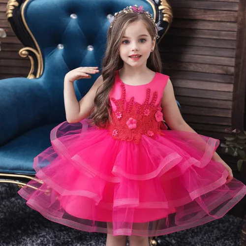 Vista 2 de Vestido de tul con flores para niñas pequeñas, vestido formal de fiesta de cumpleaños, vestido de fiesta de lentejuelas para desfiles, vestido tutú