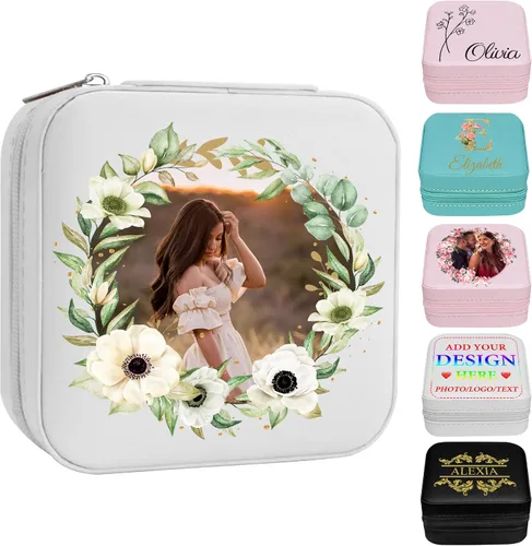 Vista 27 de Joyero personalizado con nombre, joyero de viaje portátil personalizado, organizador de joyas de cuero, cajas de dama de honor, boda, regalo