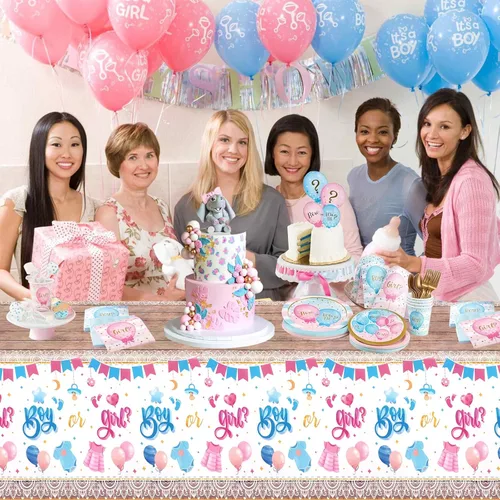 Vista 7 de PHOGARY Mantel de revelación de género para bebé, 3 piezas, decoración de revelación de género, mantel rosa y azul, mantel rectangular desechable