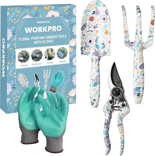 Vista 12 de WORKPRO Juego de herramientas de jardín de aluminio, 4 piezas de herramientas de jardín de mano resistentes con caja que incluye paleta, rastrillo