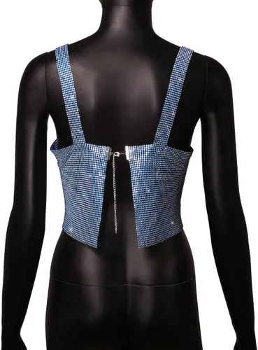 Vista 4 de Camiseta sin mangas sexy con diamantes de imitación brillantes para mujer, camiseta sin mangas, joyería corporal para club, festival, baile
