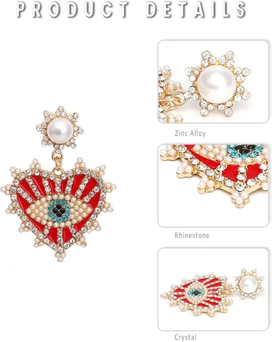 Vista 4 de SISOFTLY Aretes de ojo malvado, aretes colgantes de cristal con forma de corazón para mujer, aretes colgantes grandes