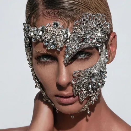Vista 5 de STONEFANS Máscara de mascarada para mujer, máscara de Mardi Gras veneciana plateada con diamantes de imitación, disfraz de mascarada para mujer