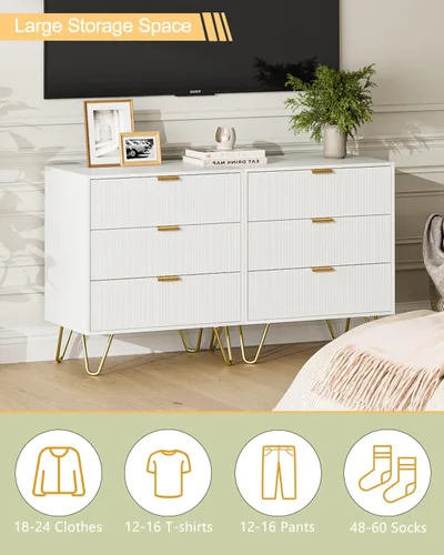 Vista 5 de Cómoda blanca para dormitorio, moderna cómoda acanalada de 3 cajones con almacenamiento, cómoda con asas doradas para dormitorio, sala de estar