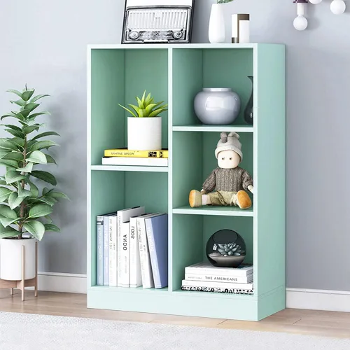 Vista 22 de IOTXY - Estantería de madera con espacios abiertos, 3 niveles, con patas, 5 cubos, color azul brillante Nordic Minimalist Style, MDF