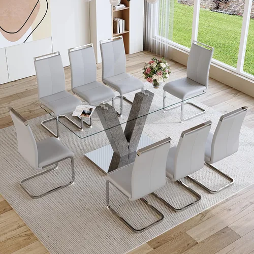 Vista 11 de gopop Juego de mesa de comedor moderna para 6, 7 piezas, mesa de comedor de mármol, mesa de cocina rectangular de 71 pulgadas con 6 sillas tapizadas