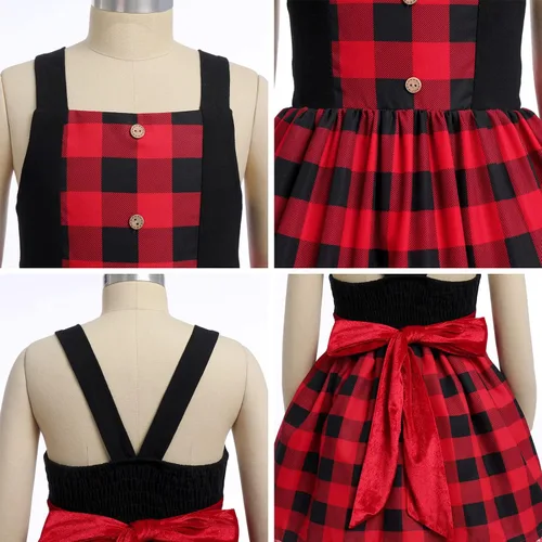 Vista 4 de Vestido de fiesta de Navidad para mujeres y niños y niñas, vestido de tutú a cuadros rojos con capa con capucha, capa y disfraz familiar a juego