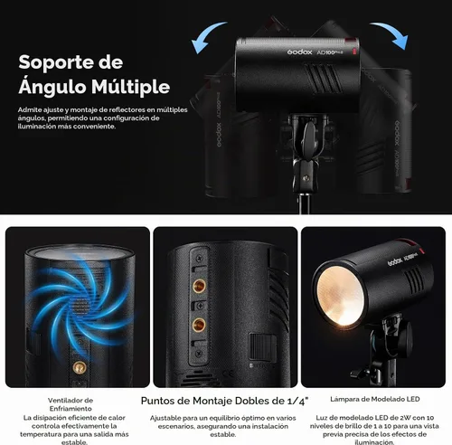 Vista 8 de Godox AD100ProII 100Ws Flash de bolsillo portátil de estudio, compatible con Canon Nikon Sony, batería de 2600mAh 360 destellos 1/8000s HSS TTL