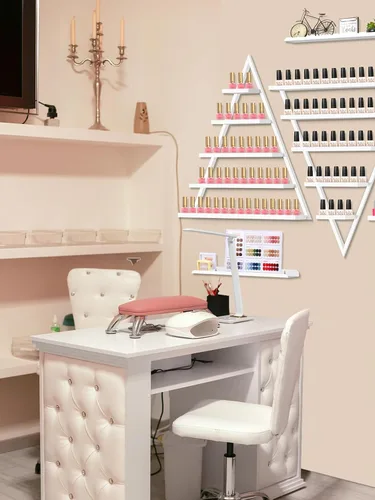 Vista 6 de Lorvain - 10 estantes de almacenamiento de esmalte de uñas de metal para montaje en pared, 5 niveles, color blanco, triangular, vitrina