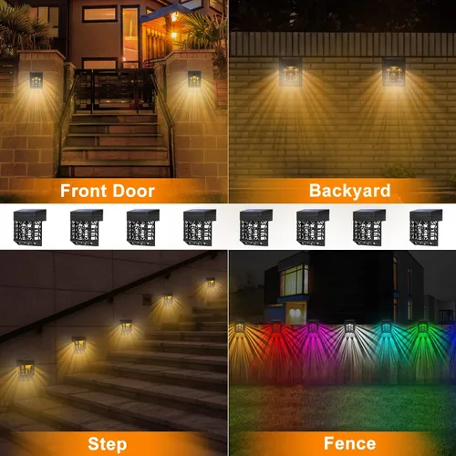 Vista 6 de GOODFOEVER Luces solares para terraza, paquete de 8 luces para valla con 2 modos de iluminación blanca cálida/RGB, luces solares para exteriores
