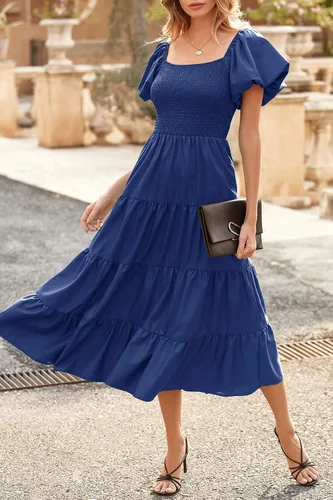 Vista 5 de CFLONGE Vestido de playa para mujer, estilo bohemio, casual, de verano, 2023, cuello cuadrado, manga abombada, cintura alta, volantes, acampanado