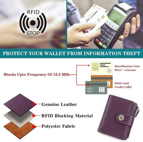 Vista 6 de FALAN MULE Cartera pequeña para mujer, de piel auténtica, plegable, compacta, pequeña, con bloqueo RFID, Púrpura, Casual