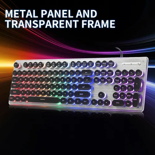 Vista 4 de Teclado estilo máquina de escribir con panel de metal, retroiluminación LED arcoíris, teclas redondas, anti-fantasma, resistente a derrames, luz USB