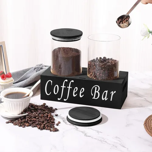 Vista 2 de ZOMUIA Rustic Modern Black - 2 tarros pequeños de almacenamiento de café de 44 onzas con estante, 2 recipientes de café de vidrio herméticos