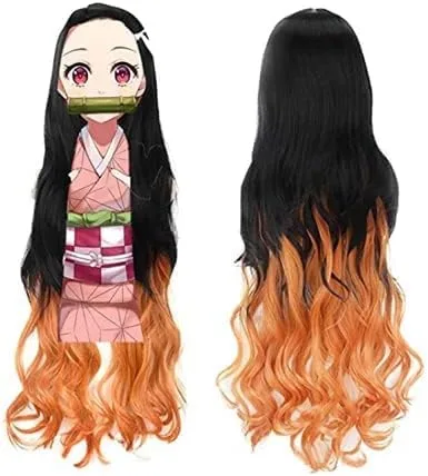 Vista 3 de Kamado Nezuko - Disfraz para niños, conjunto completo de kimono de anime + peluca larga y rizada + llavero